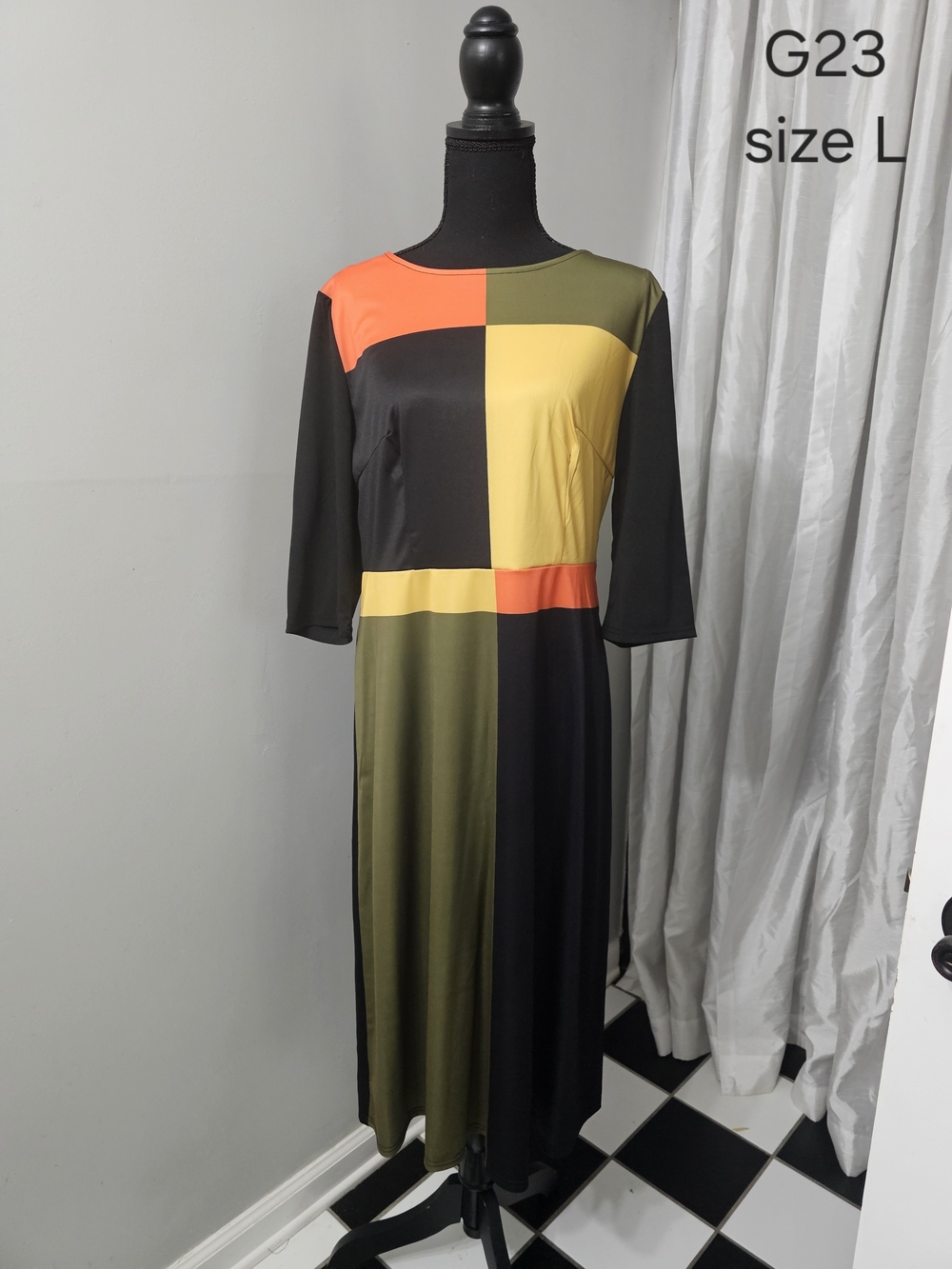 Colorblock Midi Dress in Black, Olive, Yellow & Orange